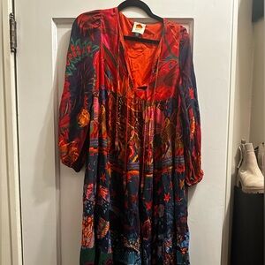 $225 Farm Rio Women's Red Mixed Prints Long Sleeve V-Neck Tunic Dress Size Small